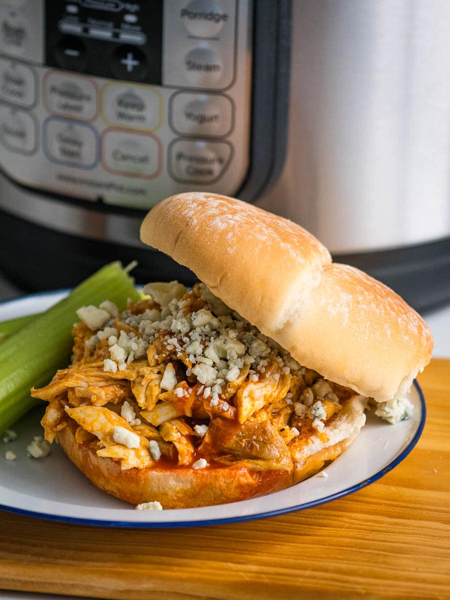 Instant pot chicken sandwich with blue cheese and celery.