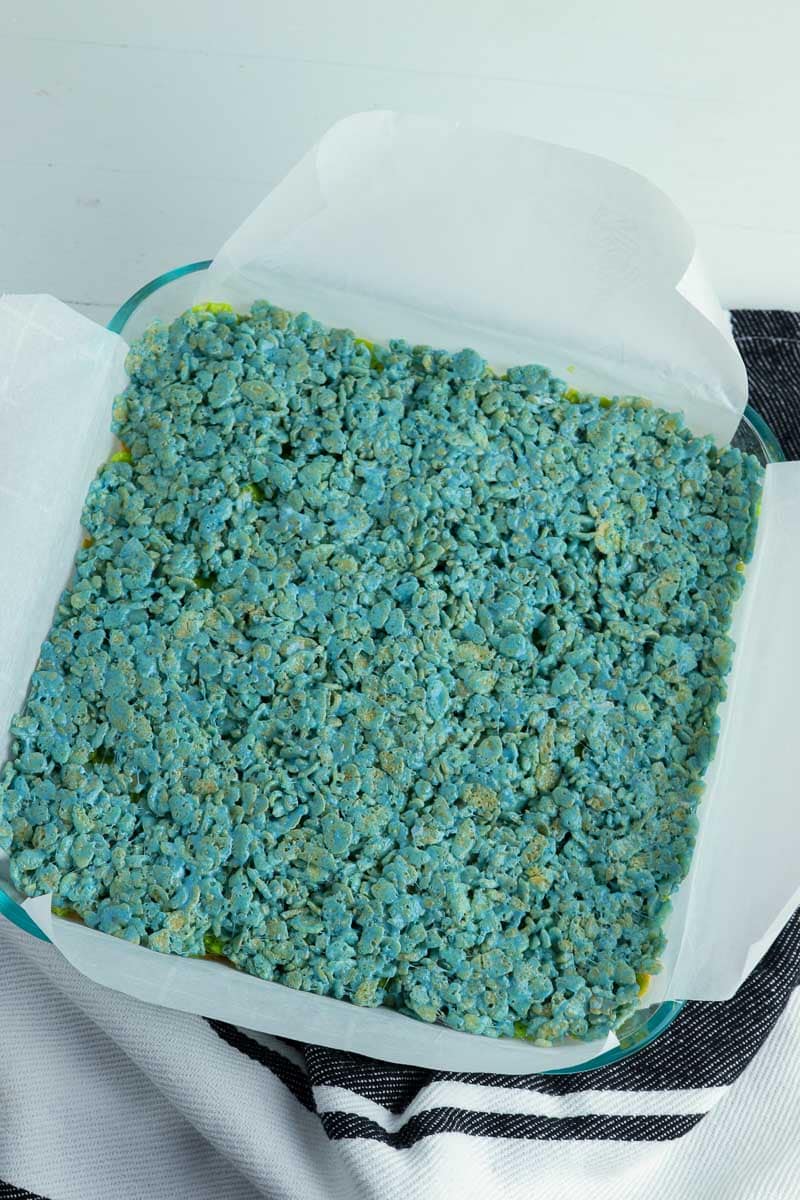 A blue graham cracker in a baking dish.