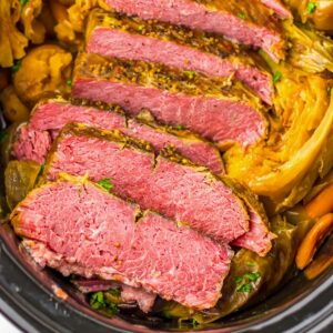 Corned beef and cabbage in a slow cooker.