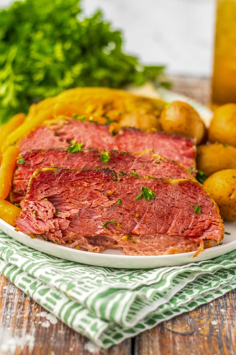 Corned beef and cabbage on a plate.