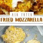 Fried mozzarella prepared in an air fryer, showcasing the crispy breading and gooey cheese pull.