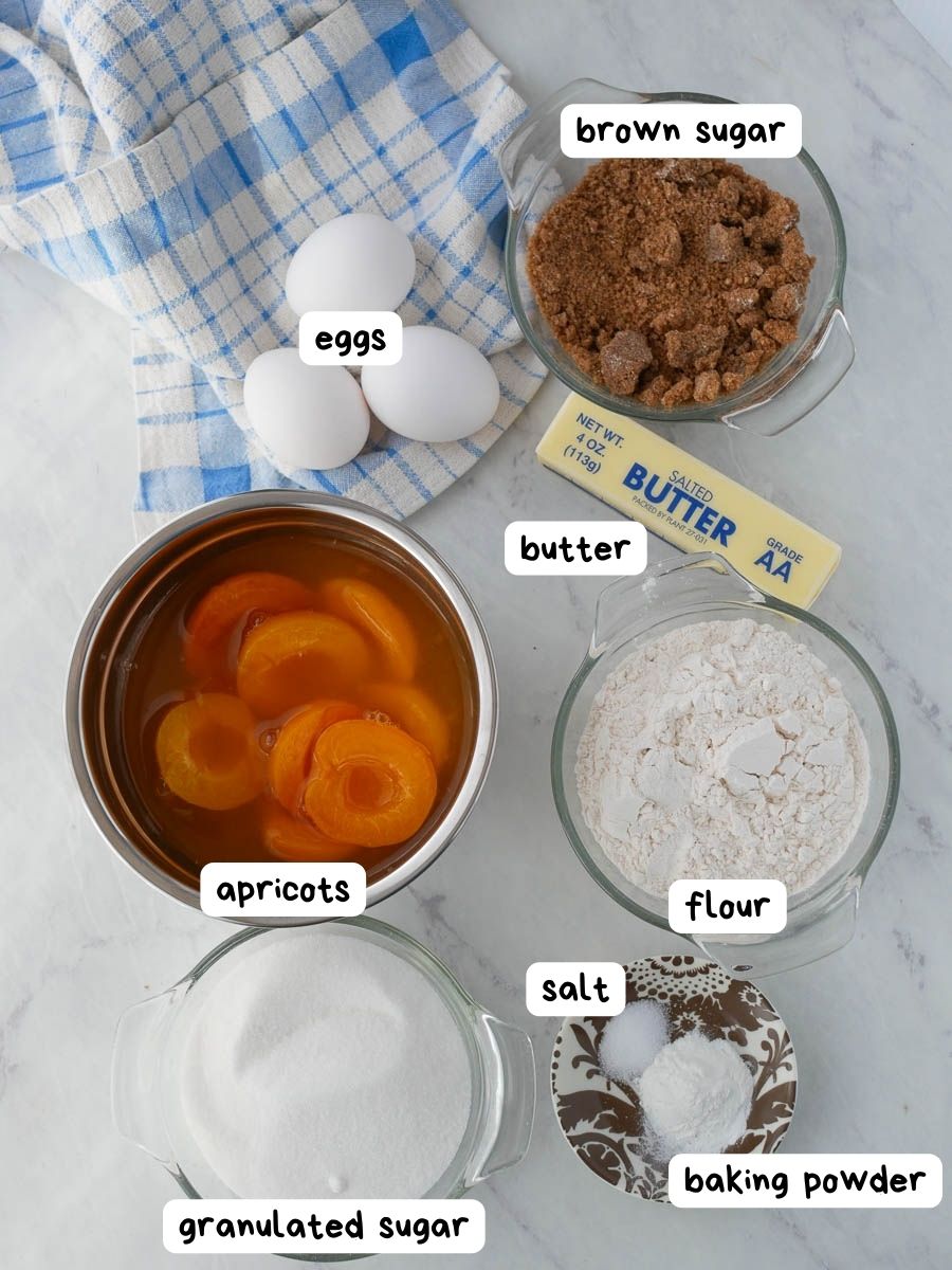 Ingredients for baking arranged on a kitchen counter, including eggs, brown sugar, butter, apricots, flour, salt, baking powder, and granulated sugar.