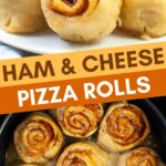 Savory ham and cheese pizza rolls arranged in a baking dish.