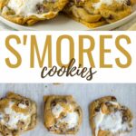 A promotional image featuring two sets of s'mores cookies, one on a plate and another close-up on a wooden surface, with the text "s'mores cookies" in bold lettering.