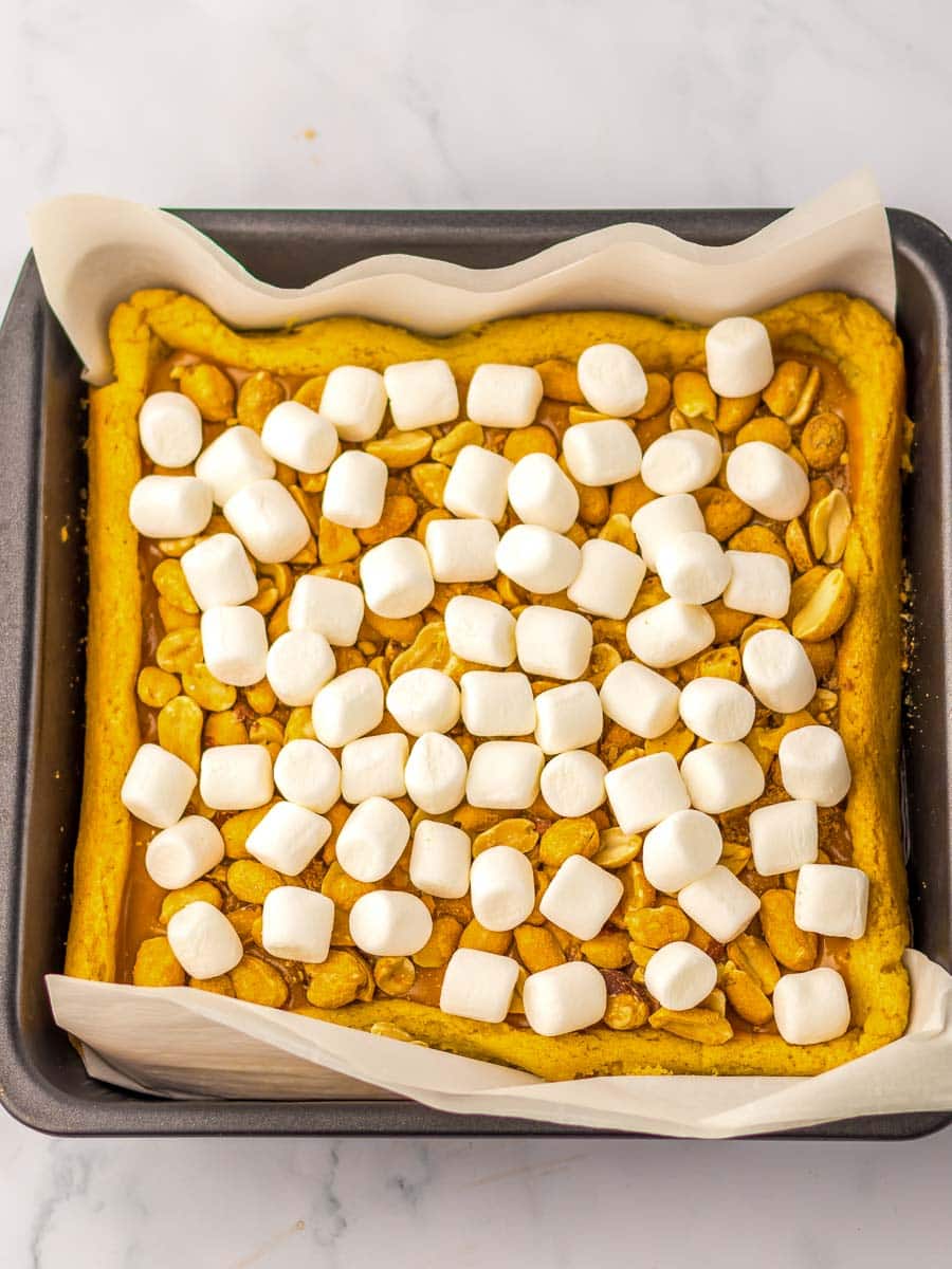 Caramel Cookie Bars in a pan.