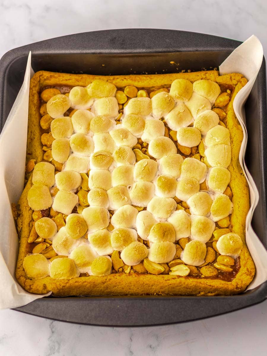 baked Caramel Cookie Bars in a baking pan.