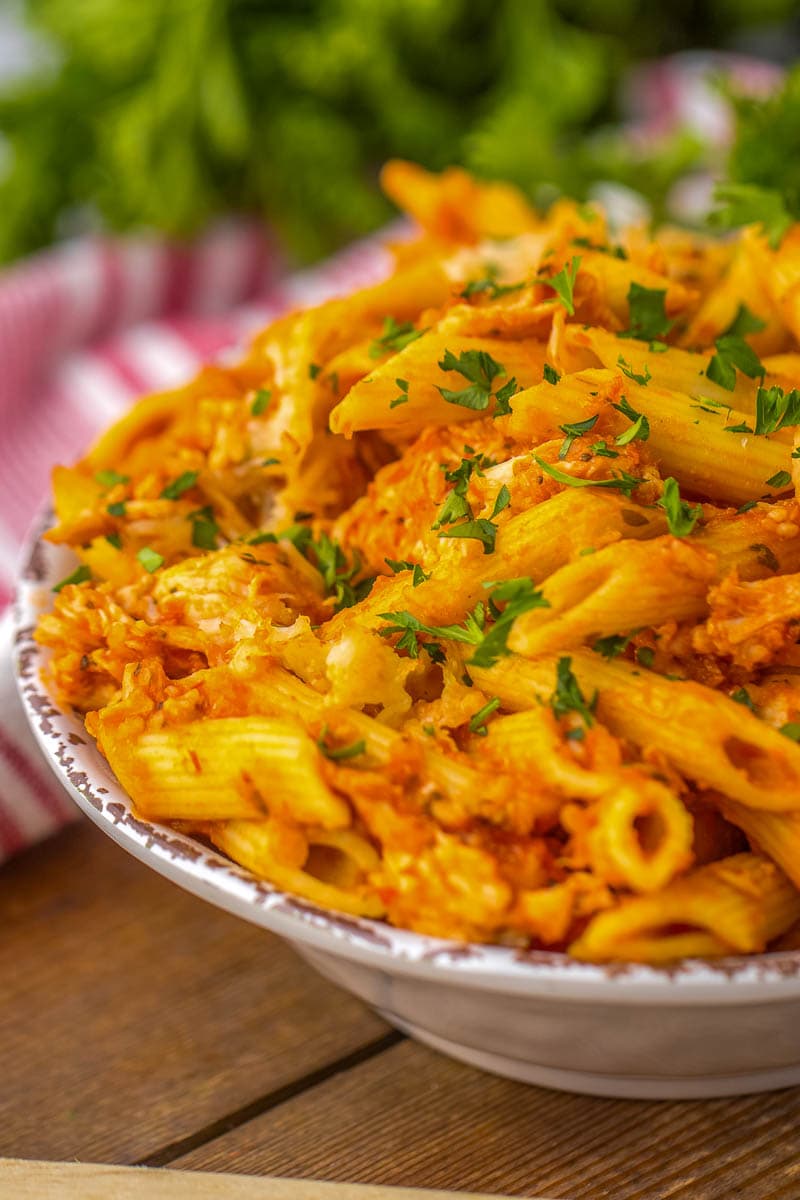 A bowl of chicken parm casserole