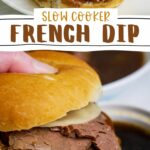 Slow cooker french dip on a sandwich.