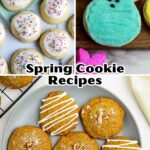 A variety of homemade cookies, featuring colorful spring-themed sugar cookies and carrot cake cookies with icing drizzle, presented as spring cookie recipes.