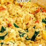 A bowl of cajun chicken orzo with spinach and diced bell peppers, labeled as "easy weeknight recipe" from upstateramblings.com.