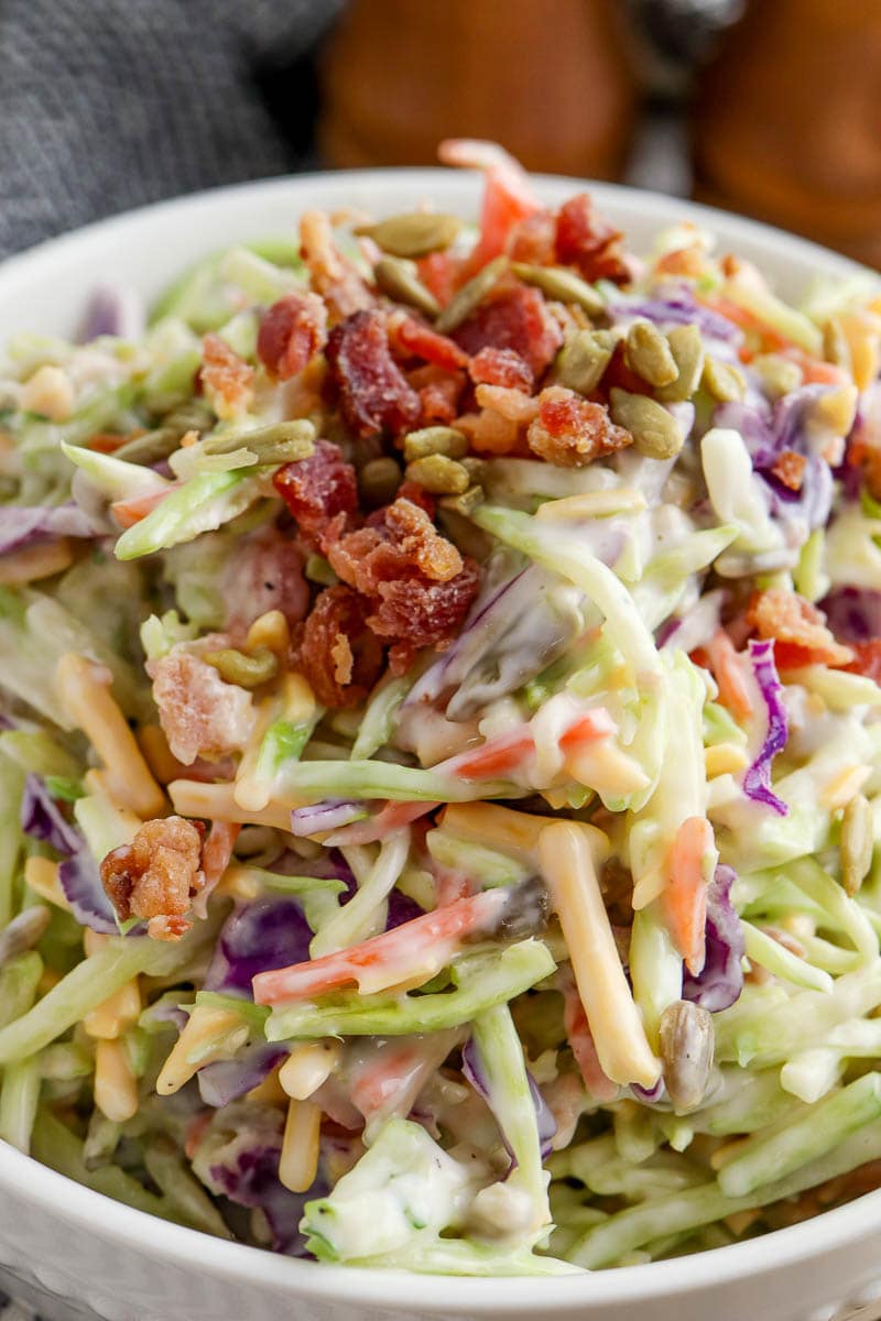 A close-up of a bowl of Broccoli Slaw