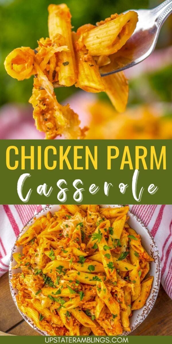 Bowl of chicken parm casserole with penne pasta, tomato sauce, shredded chicken, and cheese, topped with chopped parsley; a fork holding a bite above.
