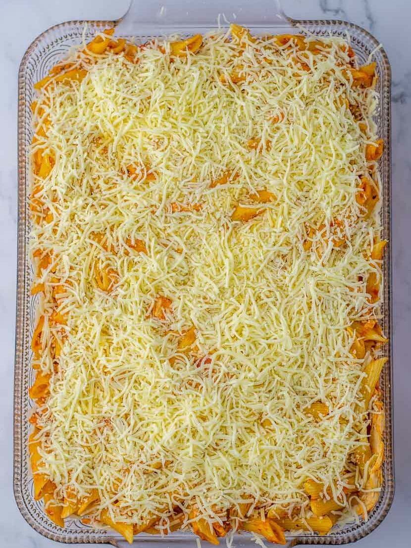 A baking dish with chicken parm casserole