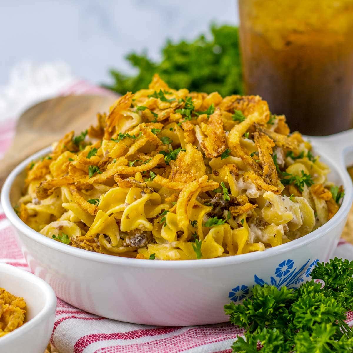 A bowl of French onion casserole