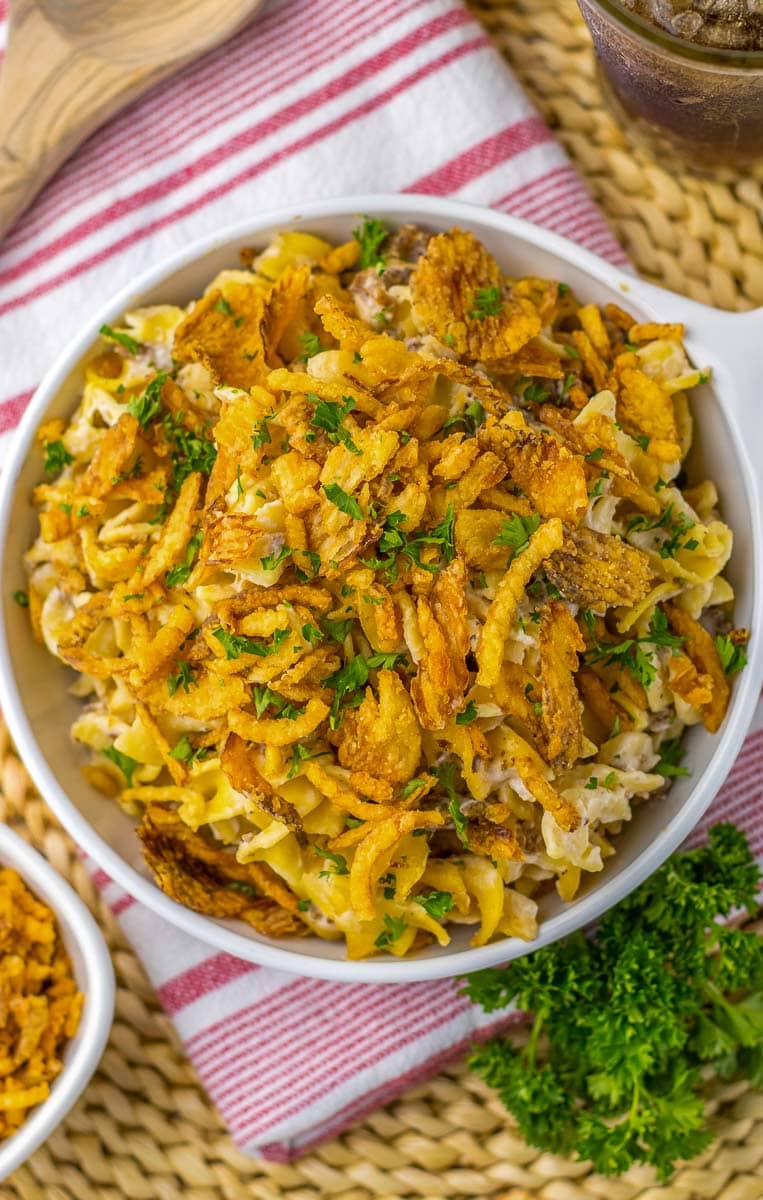A bowl of French onion casserole