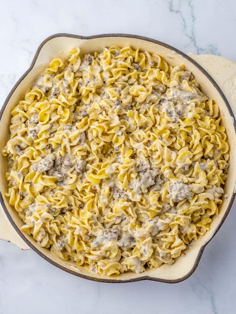 A baking dish filled with French onion casserole