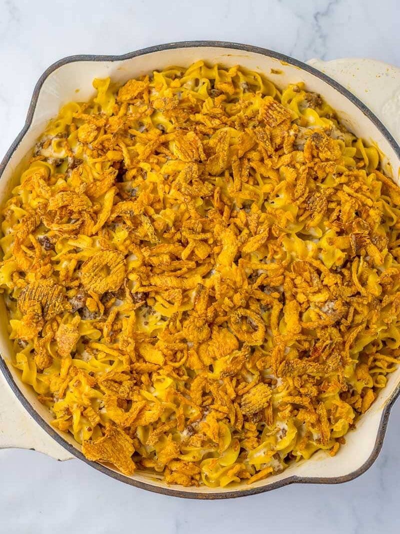 A baking dish filled with French onion casserole