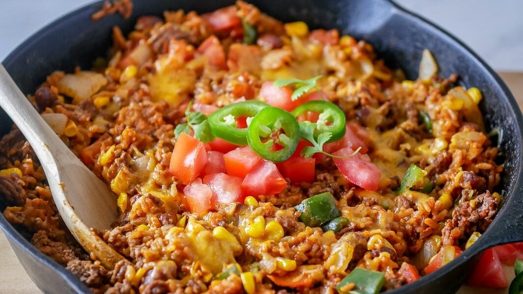 Cast iron skillet with easy taco rice dinner