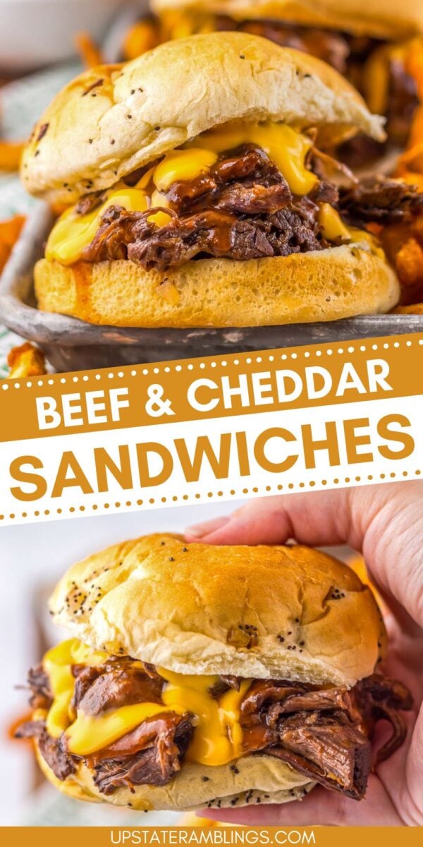 Close-up of Arbys beef and cheddar-style shredded beef and melted cheddar cheese on sandwiches, served in buns with a side of sweet potato fries. Text overlay reads "Beef & Cheddar Sandwiches.