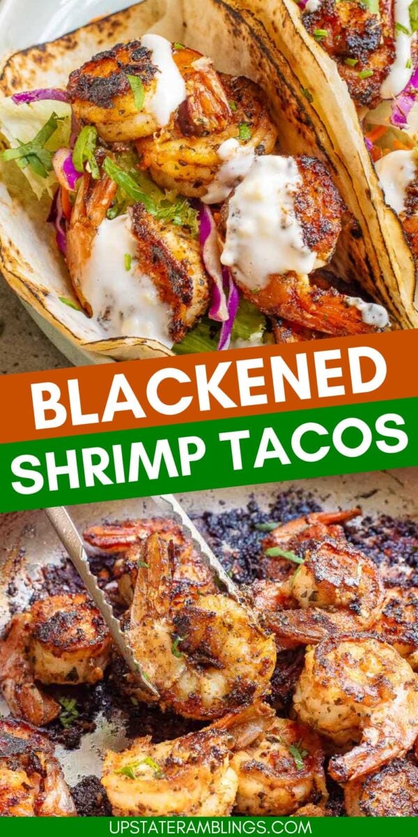 Blackened shrimp tacos topped with cabbage slaw and white sauce, served in grilled tortillas with sizzling blackened shrimp cooking in a pan.