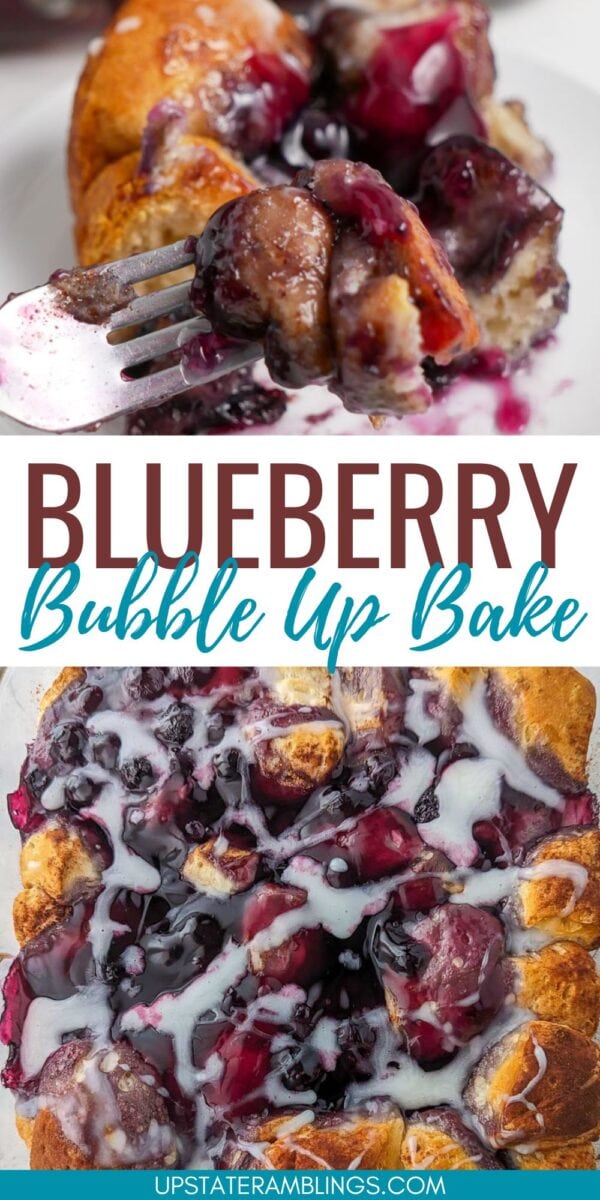 Close-up of a blueberry bubble up, fresh from the oven and drizzled with icing. A fork lifts a bite-sized portion. Text overlay reads "Blueberry Bubble Up Bake.