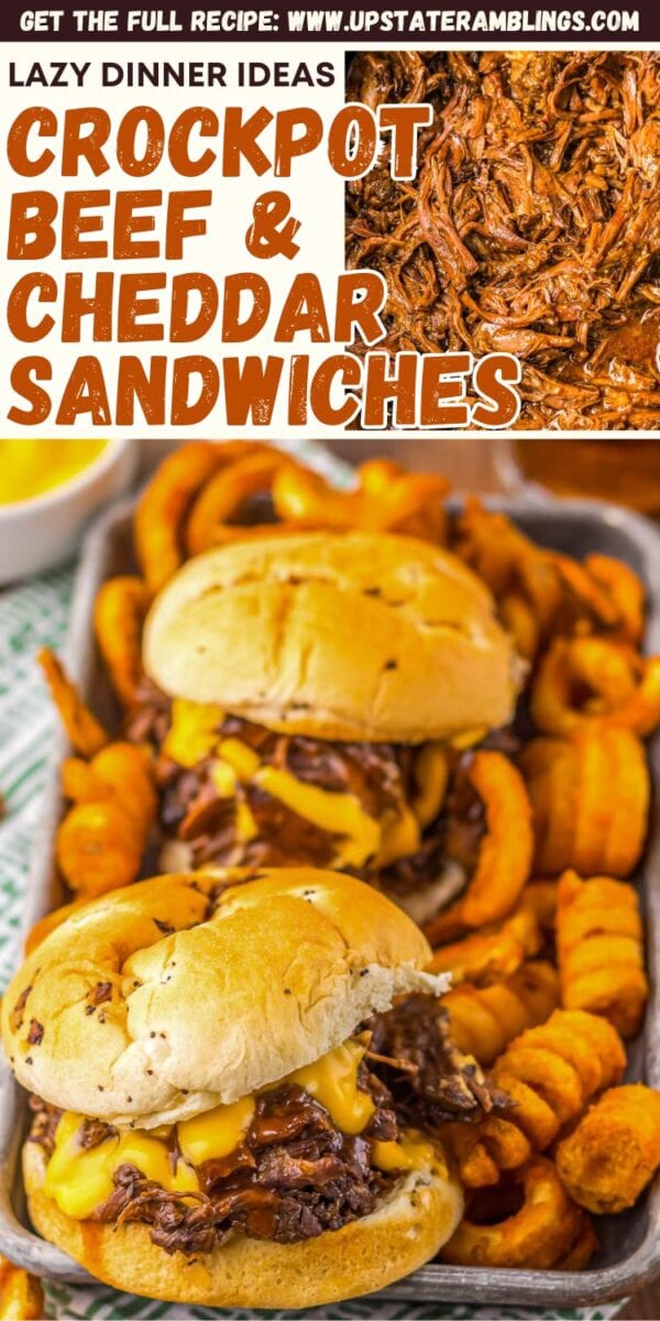 Crockpot beef and cheddar sandwiches with curly fries on a tray, topped with melted cheese and shredded beef—just like an Arby’s Beef and Cheddar. Recipe link displayed at the top of the image.