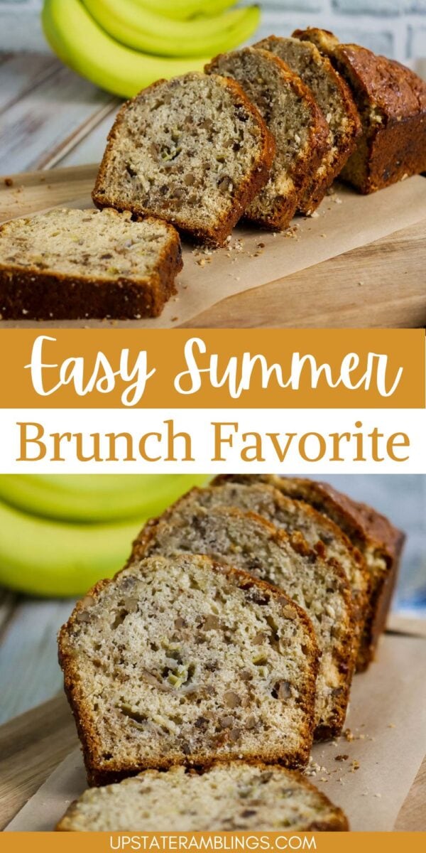 Sliced bisquick banana bread on a wooden board, with fresh bananas in the background and a text overlay reading “Easy Summer Brunch Favorite.”.