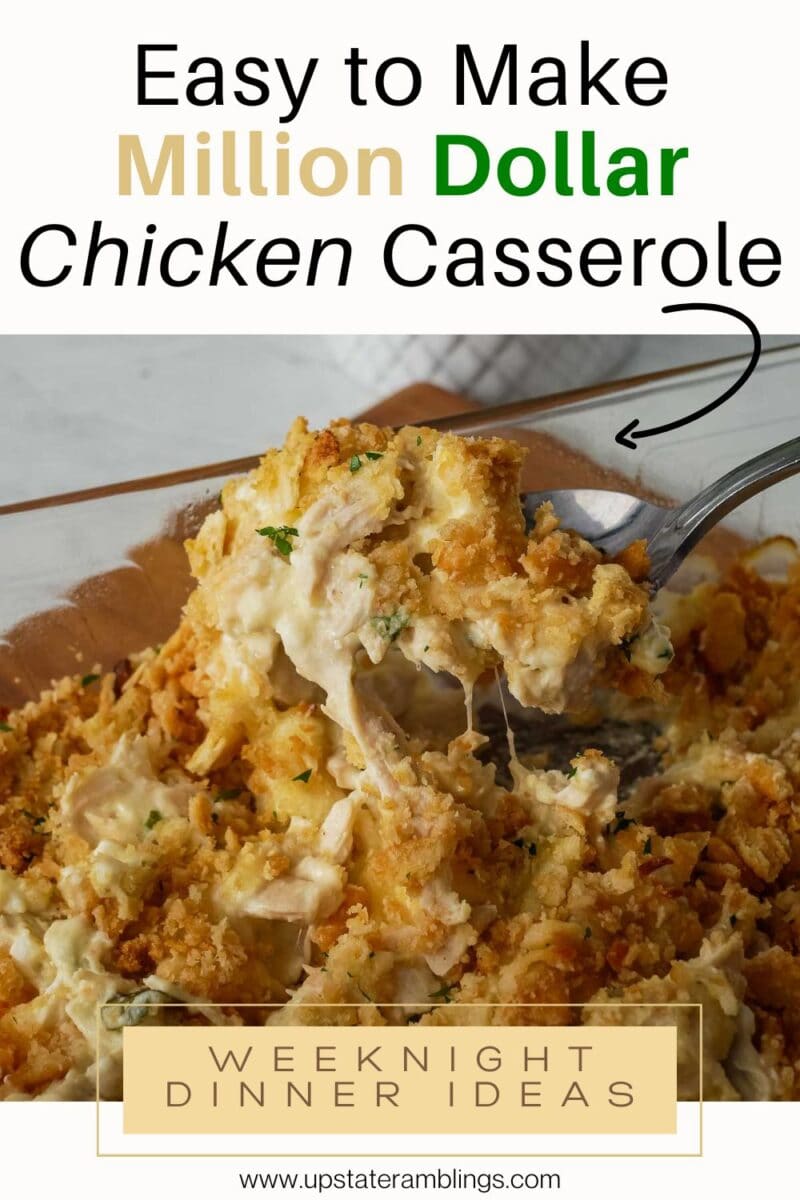 A serving spoon scooping Million Dollar Chicken Casserole with a golden crumb topping from a glass baking dish. Text overlay highlights this million dollar chicken casserole as easy to make for weeknight dinners.