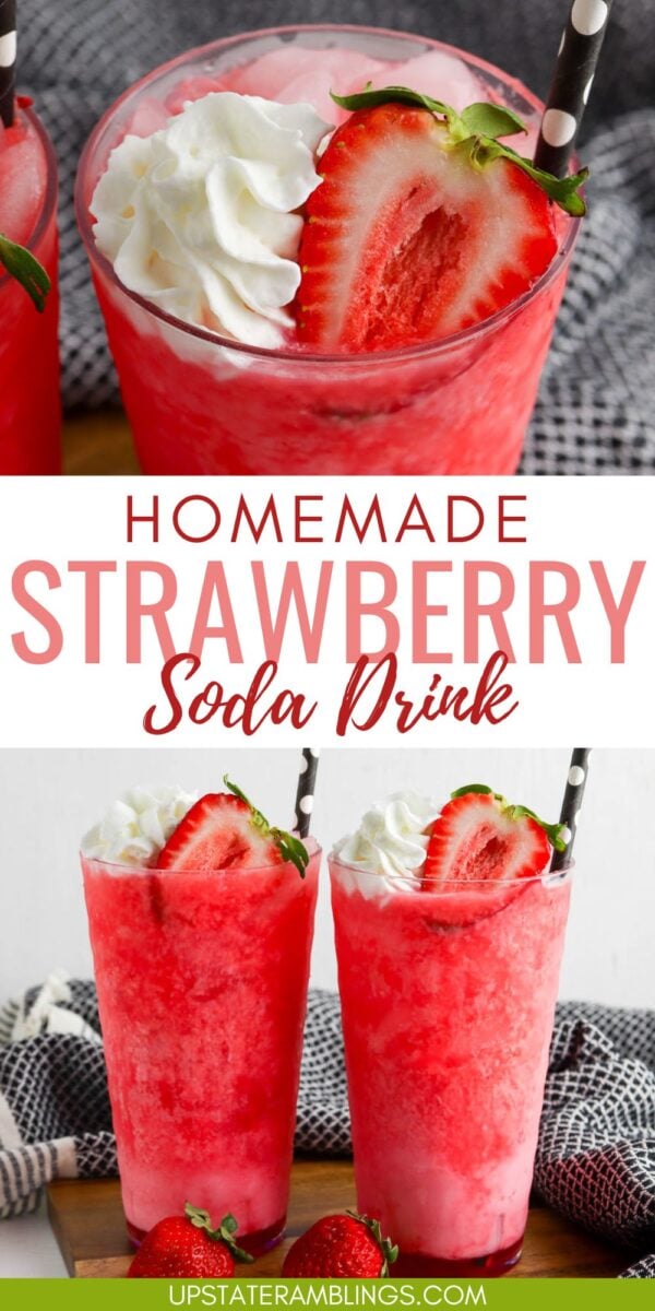 Two glasses of dirty strawberry soda with whipped cream, a fresh strawberry, and striped straws on top are displayed on a table with a towel in the background.