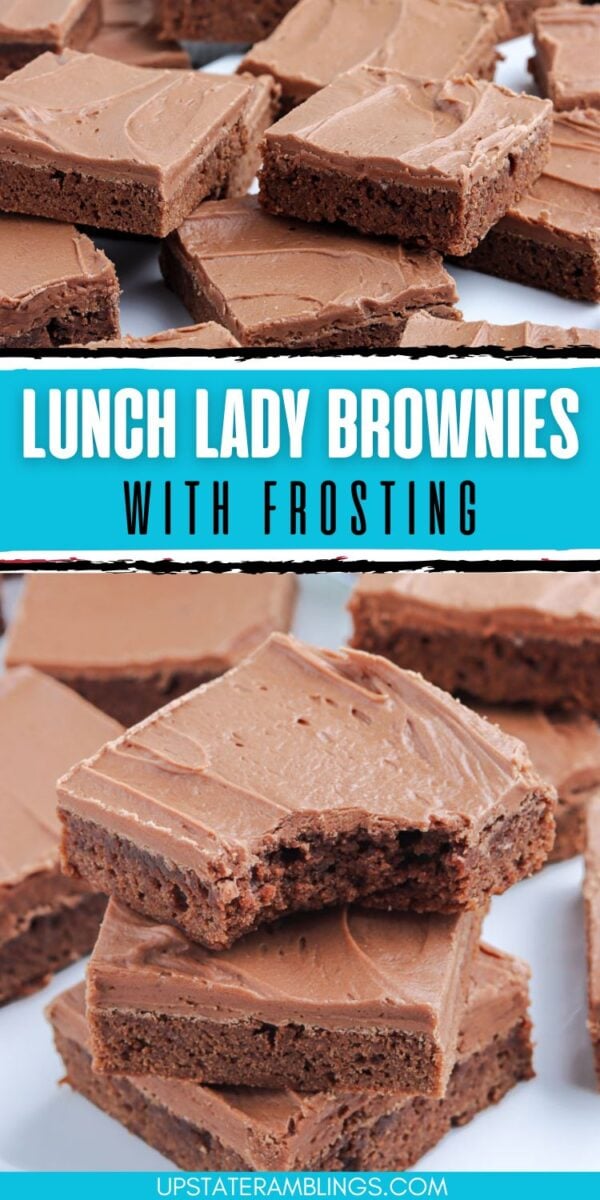 Close-up of classic lunch lady brownies cut into squares, frosted and stacked on a white surface, with text reading "Lunch Lady Brownies with Frosting.
