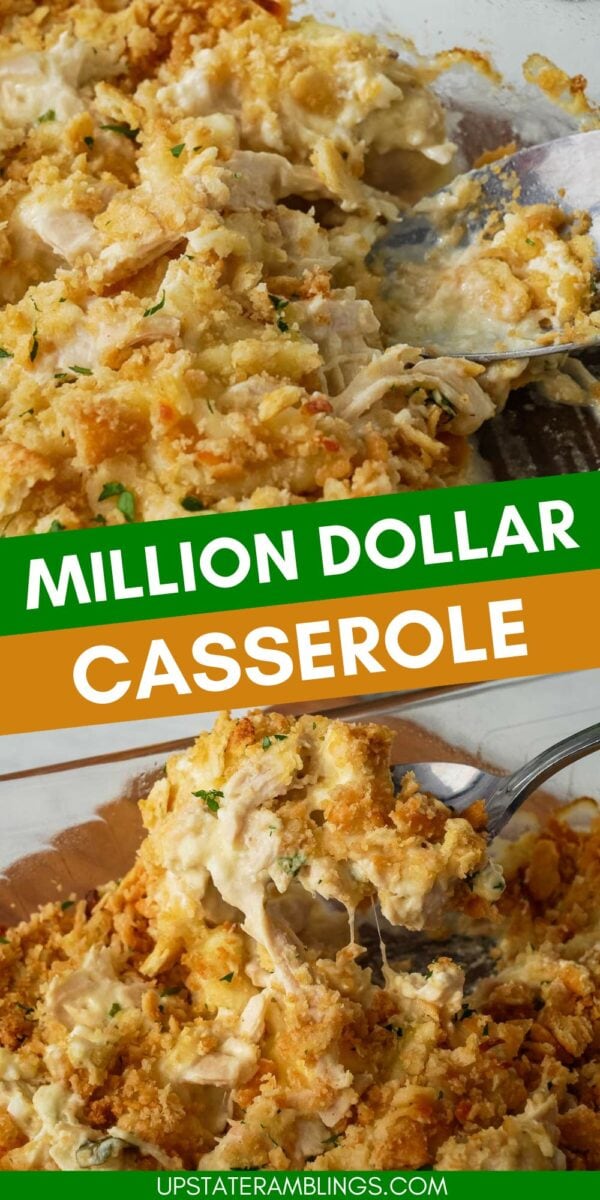 Close-up of a creamy million dollar chicken casserole with a golden breadcrumb topping, being served with a spoon. Text reads "Million Dollar Casserole.”.