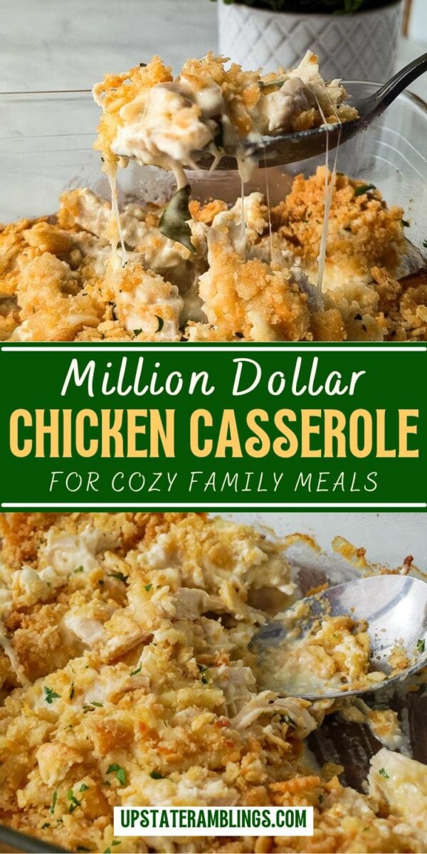 A glass baking dish of million dollar chicken casserole with a golden, crumbly topping is being served with a spoon.