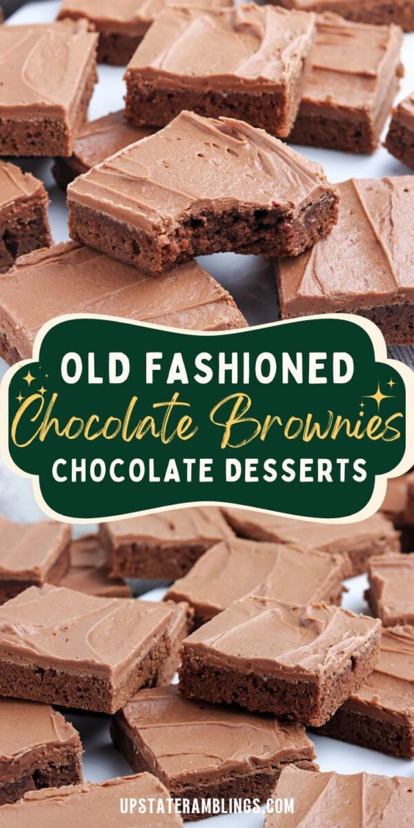 Squares of chocolate brownies with chocolate frosting are arranged in rows, with one lunch lady brownie at the top showing a bite taken out. Text overlay reads "Old Fashioned Chocolate Brownies Chocolate Desserts.