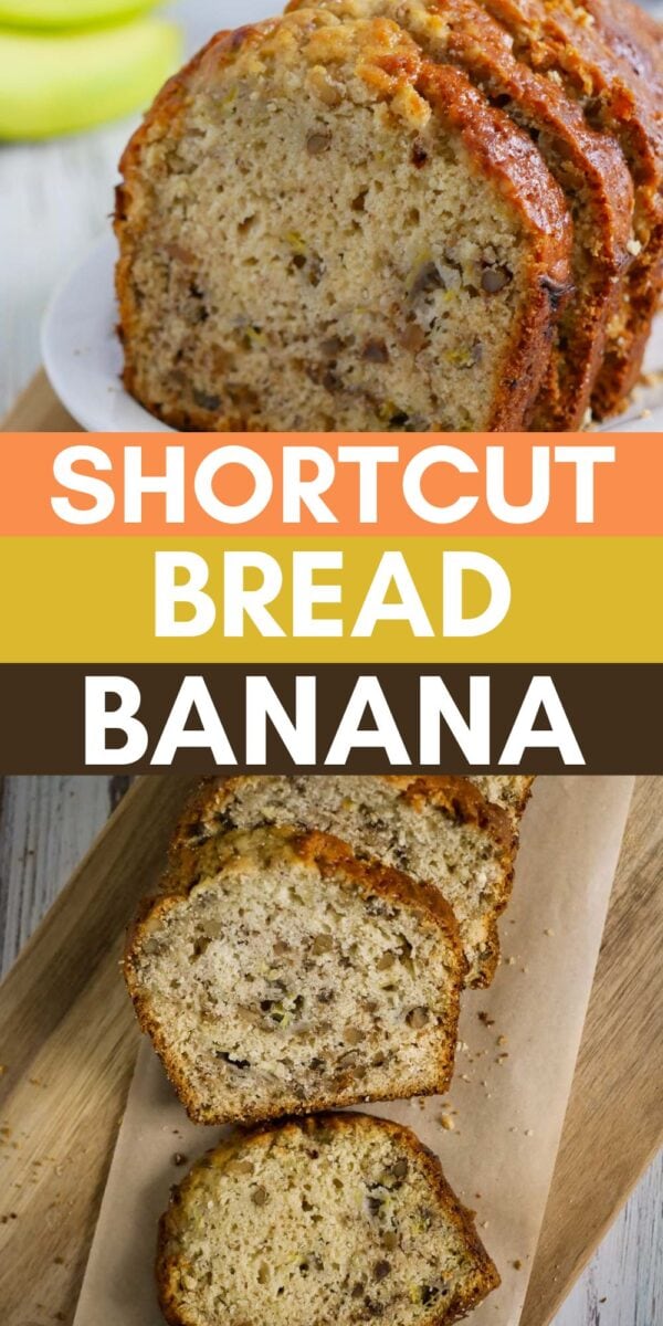 Sliced bisquick banana bread on a white plate and on parchment paper, showing a moist texture with pieces of walnut or nuts inside.