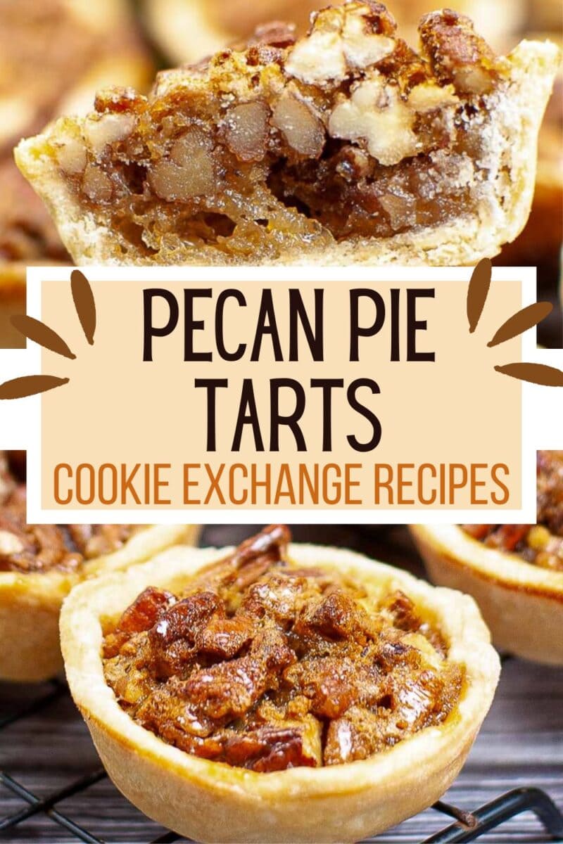 Close-up of pecan pie tarts and pecan tassies arranged on a cooling rack, with a sign that reads "Pecan Pie Tarts Cookie Exchange Recipes.