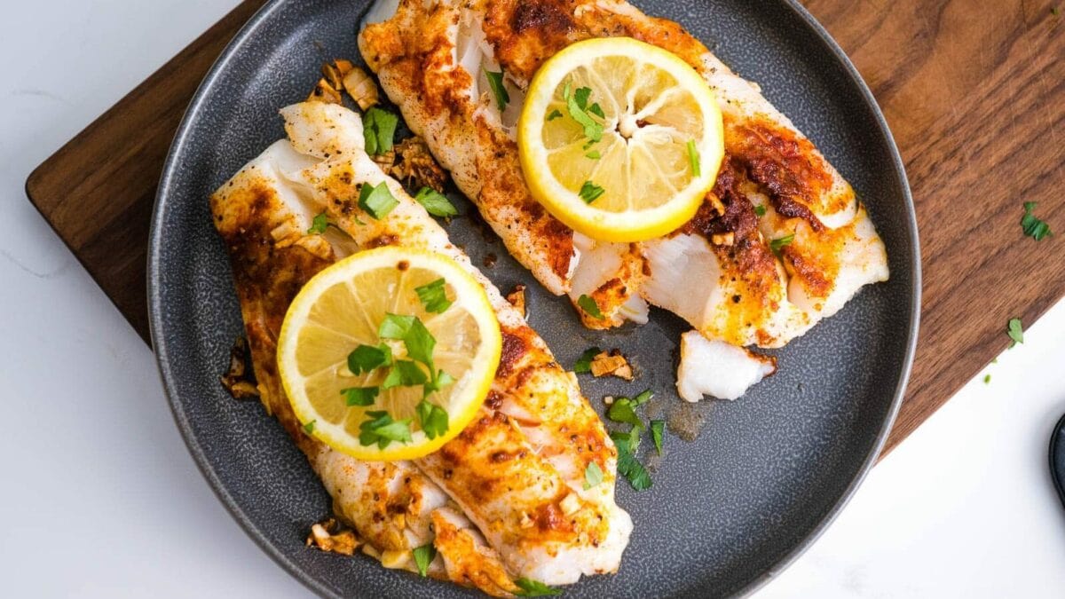 top view of cod topped with lemon