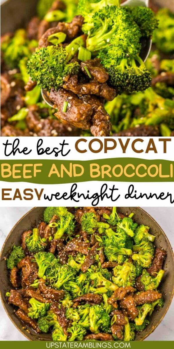 A close-up of beef and broccoli stir-fry with a text overlay reading "The Best Copycat Beef and Broccoli Easy Weeknight Dinner" from upstateramblings.com.