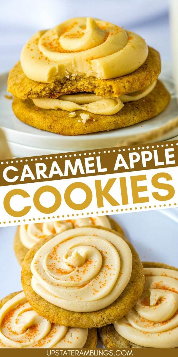 Close-up of caramel apple cookies topped with caramel frosting and orange sprinkles.