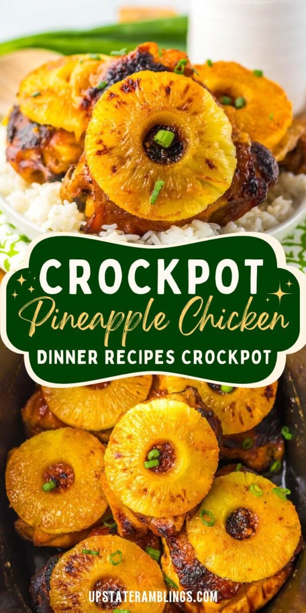 Sliced pineapple rings and huli huli chicken pieces served over rice and shown in a crockpot, garnished with chopped green onions.
