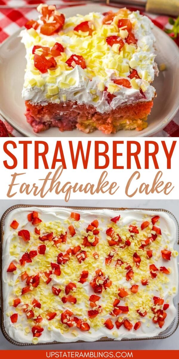 A slice and a full pan of strawberry earthquake cake topped with whipped cream, fresh chopped strawberries, and white chocolate shavings.