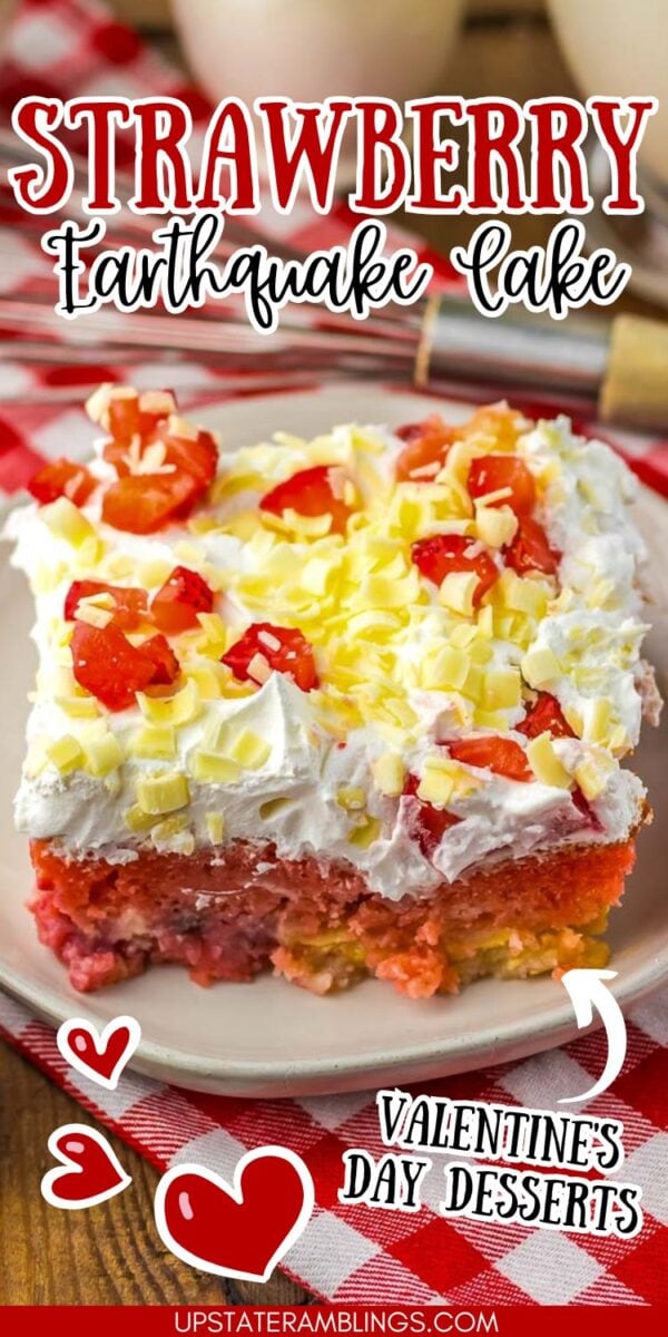 A slice of strawberry earthquake cake topped with whipped cream, white chocolate shavings, and diced strawberries sits on a white plate with a red checkered napkin. This strawberry earthquake cake is the ultimate treat for berry lovers.
