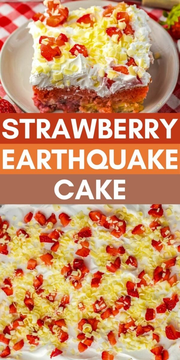 A slice of strawberry earthquake cake topped with white and yellow frosting and chopped strawberries on a plate, with a close-up view of the cake shown below.