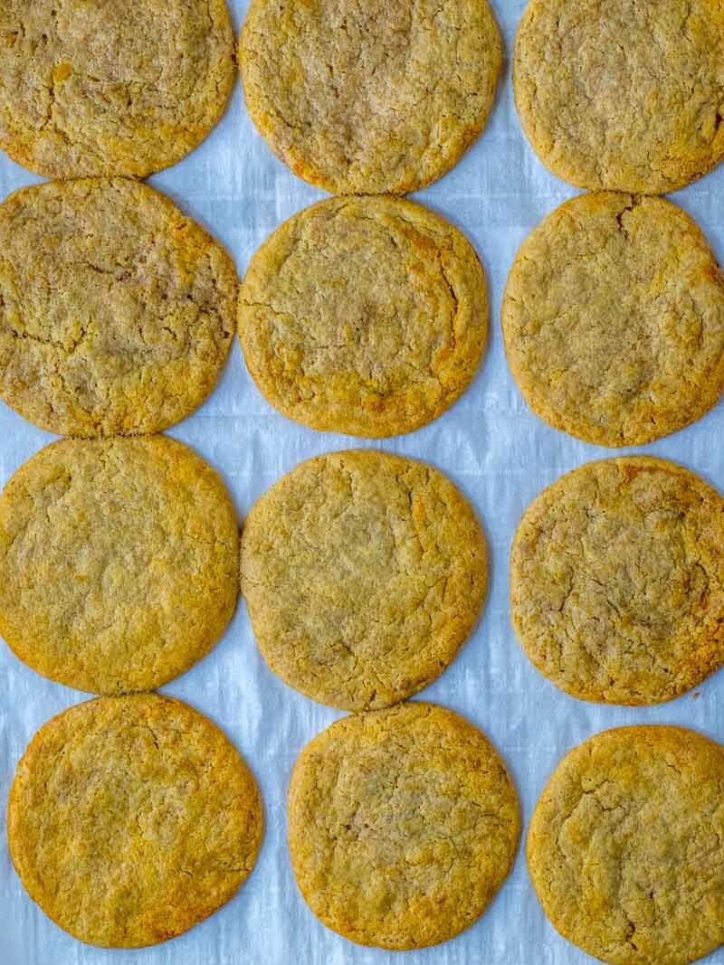 Eighteen evenly spaced, round, golden-brown cookies arranged in a grid pattern on parchment paper.