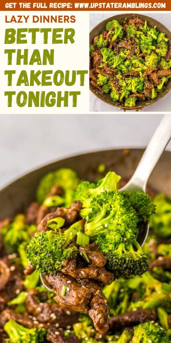 Close-up of a skillet filled with savory beef and broccoli stir-fry, with a spoon lifting a portion. Text above reads, "Beef and broccoli: better than takeout tonight.