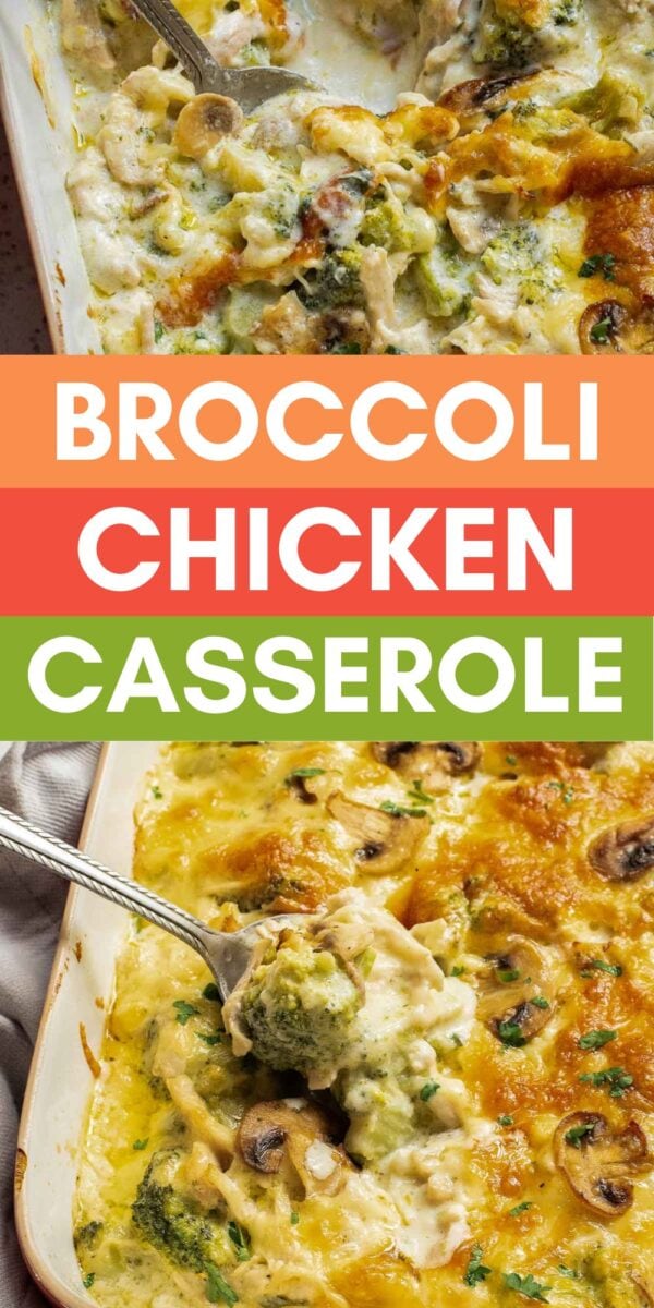 Broccoli chicken casserole baked with melted cheese and mushrooms in a white dish, with serving spoons scooping generous portions.