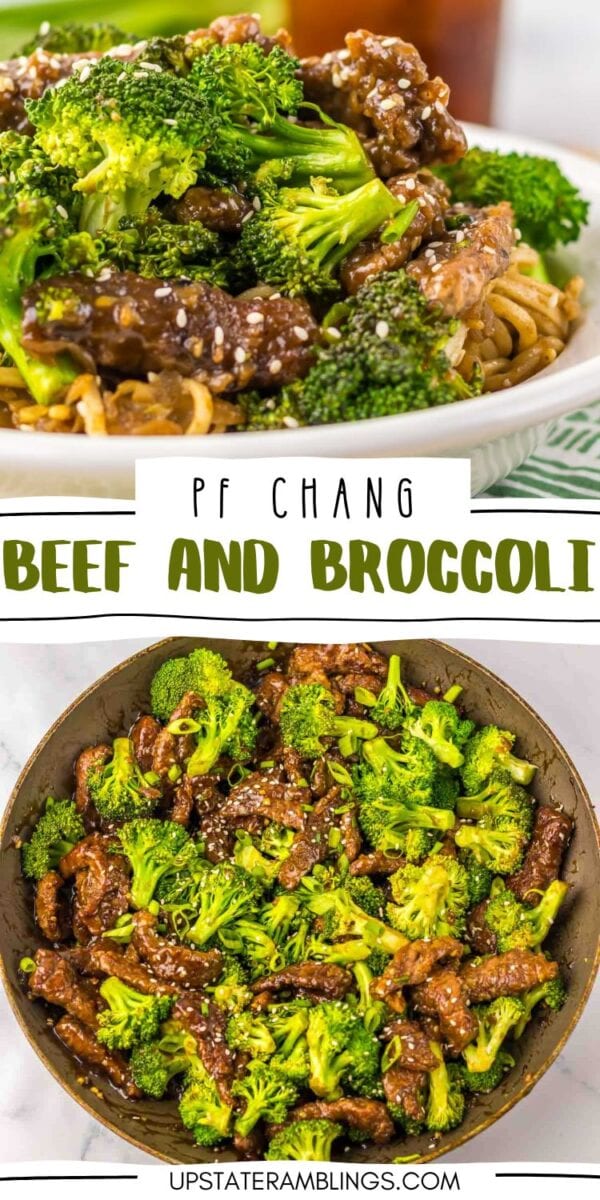 Two images feature beef and broccoli; the top displays a plated serving, while the bottom shows the savory beef and broccoli dish in a pan with sauce and a sprinkle of sesame seeds.