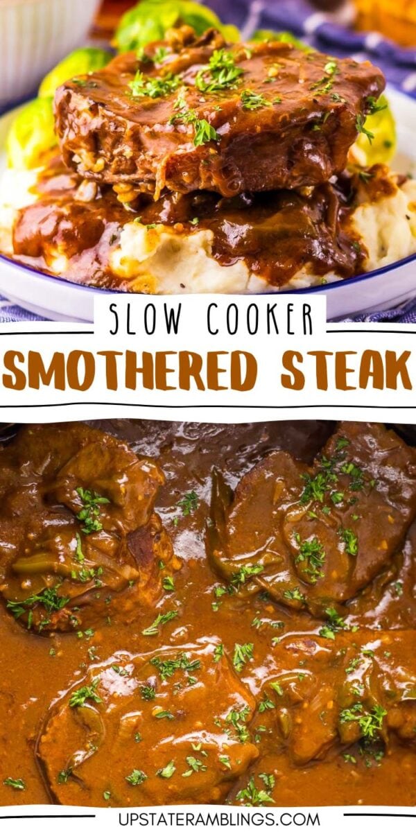 Two images of slow-cooked smothered steak. The top one shows a piece of steak over mashed potatoes with gravy and greens, garnished with parsley. The bottom one displays multiple pieces of steak in gravy.