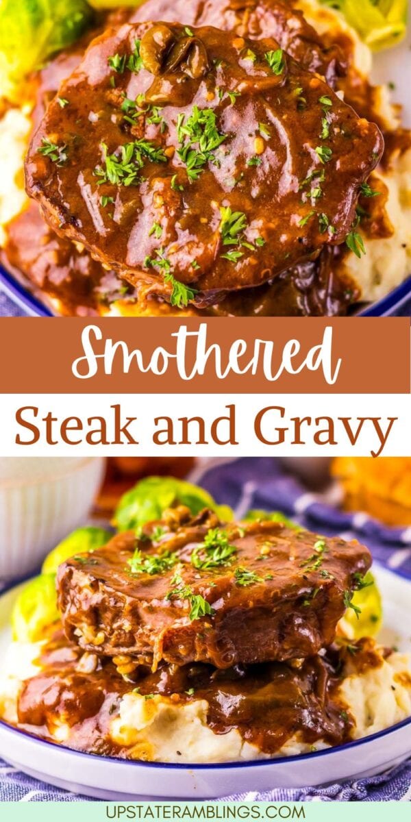 A serving of slow cooker smothered steak covered in brown gravy sits on mashed potatoes, garnished with chopped parsley, with broccoli in the background.