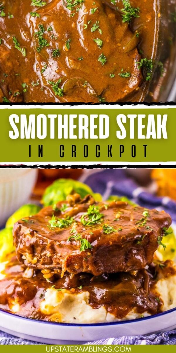 Slow cooker smothered steak topped with brown gravy and parsley, served over creamy mashed potatoes with vegetables on the side.