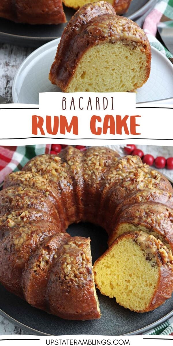 A sliced homemade rum cake with a golden yellow interior, topped with chopped nuts, displayed on a plate and a stand.